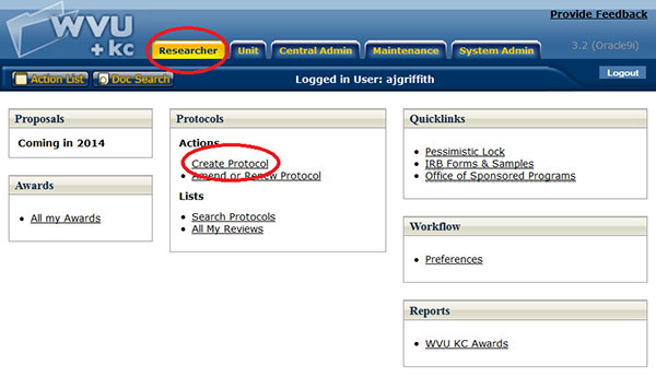 Figure 138 Create Protocol from the Researcher Menu 