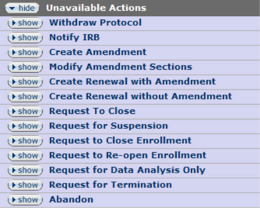 Figure 198 Protocol Document, Protocol Actions Page – Request an Action Section, Unavailable Actions 