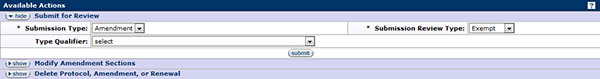 Figure 214 Protocol Document, Protocol Actions Page – Request an Action Section, Submit Amendment for Review