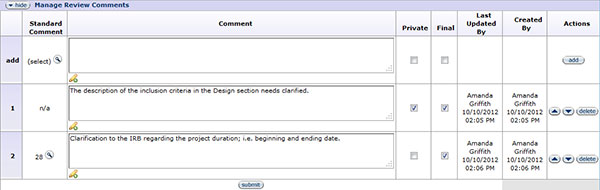 Figure 221 Protocol Document, Protocol Actions Page – Request an Action Section, Manage Review Comments Layout