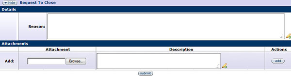 Figure 223 Protocol Document, Protocol Actions Page – Request an Action Section, Request to Close Layout