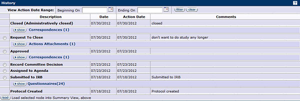 Figure 224 Protocol Document, Protocol Actions Page – Summary & History Section, Closed Protocol History