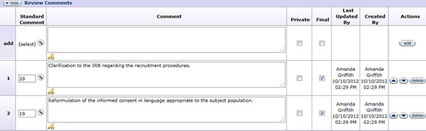 Figure 226 Protocol Document, Protocol Actions Page – Request an Action Section, Review Comments Layout