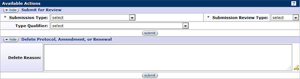 Figure 196 Protocol Document, Protocol Actions Page – Request an Action Section