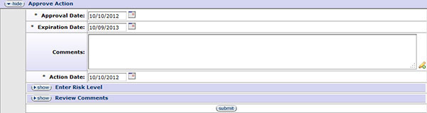 Figure 207 Protocol Document, Protocol Actions Page – Request an Action Section, Available Actions, Approve Action Layout