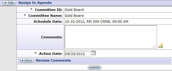 Figure 209 Protocol Document, Protocol Actions Page – Request an Action Section, Available Actions, Assign to Agenda Layout