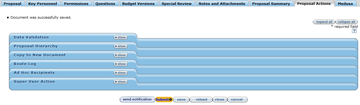 Proposal Actions page