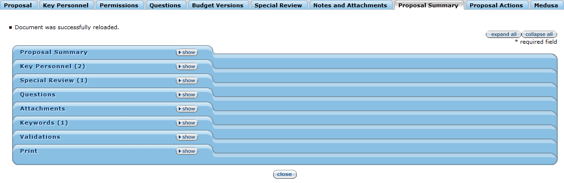 Proposal Summary page