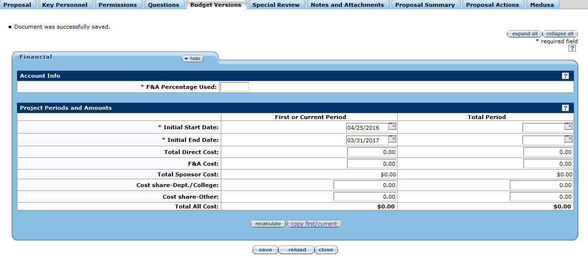 Budget Versions page