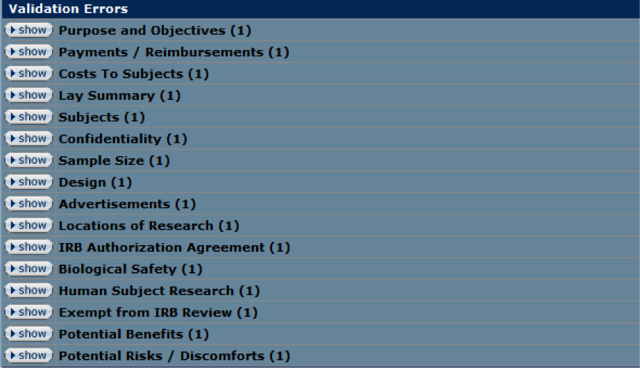 Figure 233 Protocol Document, Protocol Actions Page – Data Validation Section, Validation Errors