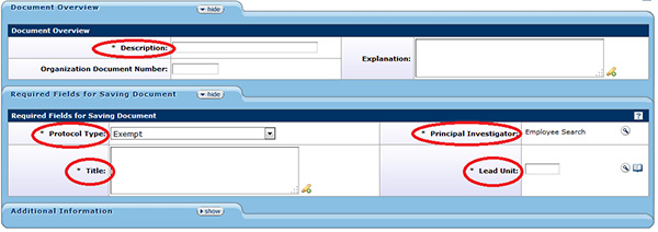 Figure 143 Protocol Document, Protocol Page – Required Fields for Saving Document