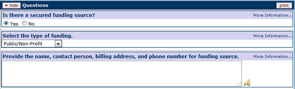 Figure 163 Protocol Document, Questionnaire Page – Funding Source Section