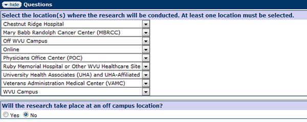 Figure 164 Protocol Document, Questionnaire Page – Locations of Research Section