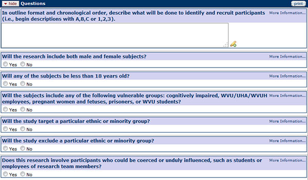 Figure 170 Protocol Document, Questionnaire Page – Subjects Section