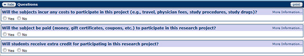 Figure 176 Protocol Document, Questionnaire Page –Financial Considerations Section