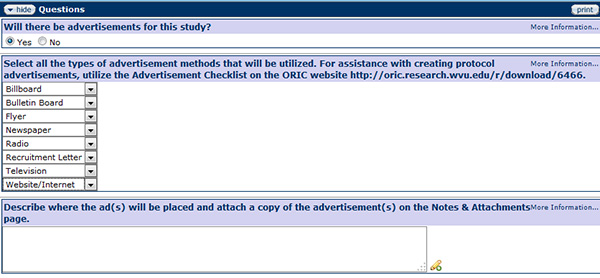 Figure 178 Protocol Document, Questionnaire Page –Advertisements Section