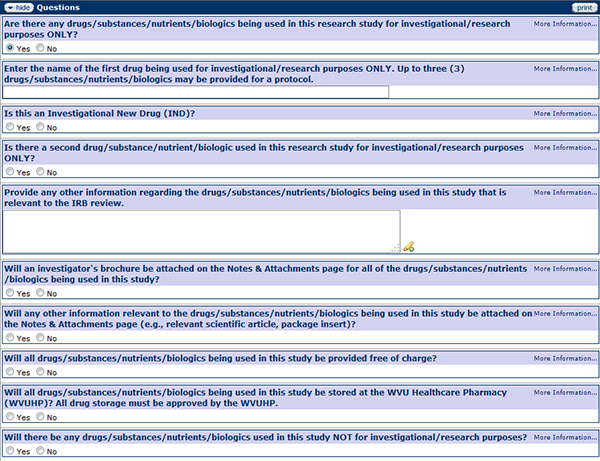 Figure 179 Protocol Document, Questionnaire Page –Drug/Substance/Nutrient/Biologic Section