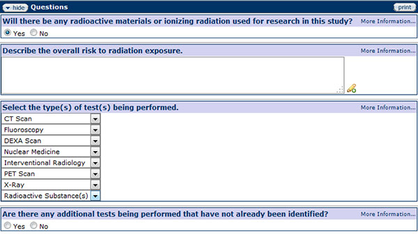 Figure 182 Protocol Document, Questionnaire Page –Radiation Safety Section