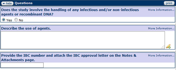 Figure 183 Protocol Document, Questionnaire Page –Biological Safety Section