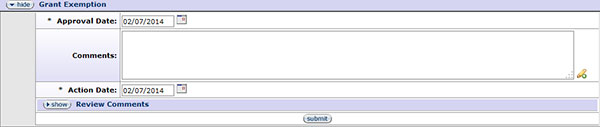 Figure 344 Protocol Document, Protocol Actions Page – Request an Action Section, Available Actions, Grant Exemption