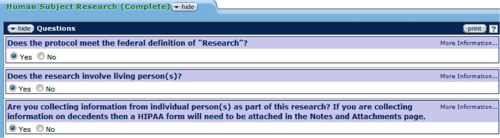 Figure 162 Protocol Document, Questionnaire Page – Human Subject Research Section