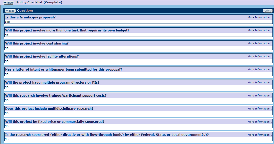 Policy Checklist Summary subsection