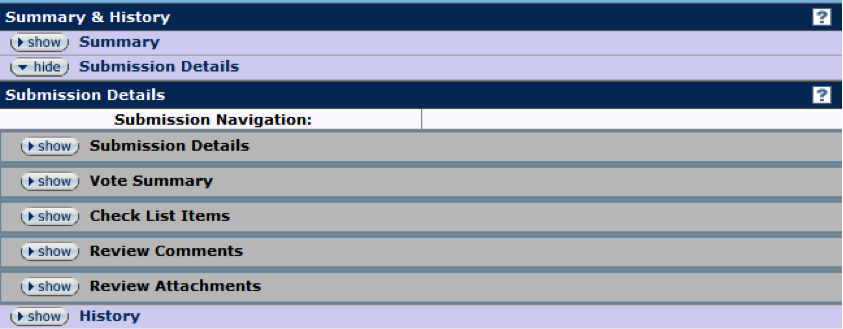 Figure 240 Protocol Document, Protocol Actions Page – Summary & History Section, Submission Details Subsection 