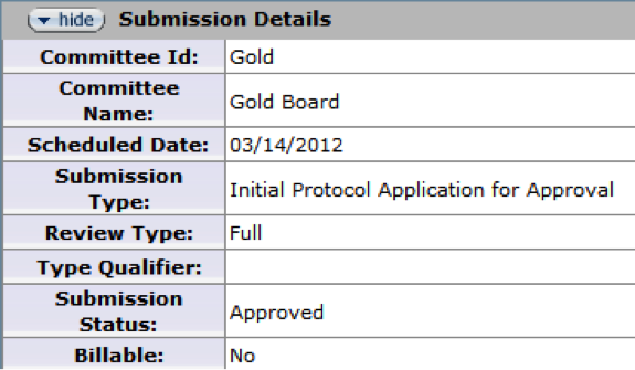 Figure 241 Protocol Document, Protocol Actions Page – Summary & History Section, Submission Details Subsection, Submission Details